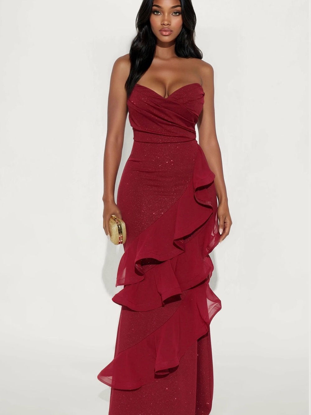 Fashion Nova Strapless Burgundy Ruffle Gown brand new with tags size small
